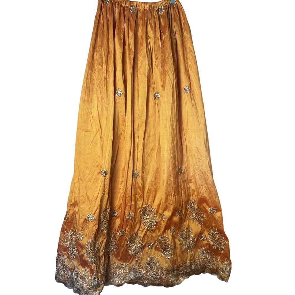 Boho Embroidered Sequin Maxi Skirt Gold Orange Paisley Stretchy Waist OSFA